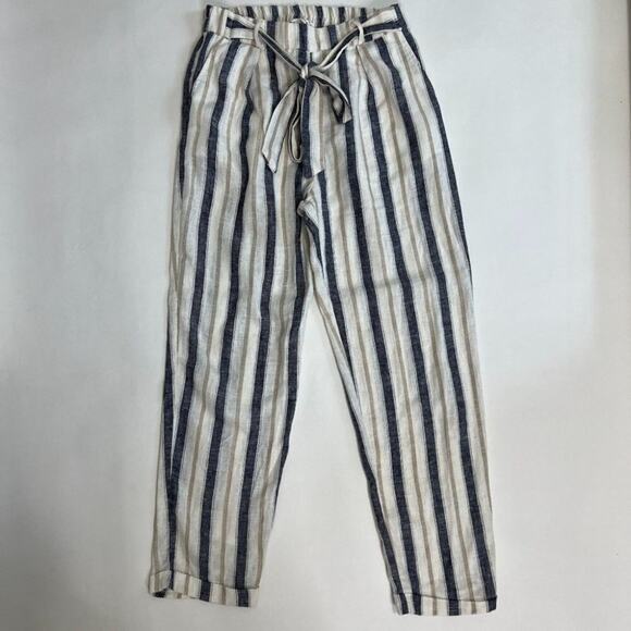 Love Tree Linen Blend Navy Cream Striped Pants Tie Front Size S - Picture 2 of 7